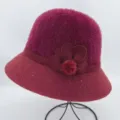 Womens Autumn Winter Plush Basin Hat Elegant Bowler Hat Wool Blend Fisherman Hat Burgundy - One Size / Wine Red With Flower Pom-Pom