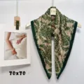 Elegant 70x70cm square silk scarf featuring a retro damask floral print in green and beige. - RZW15