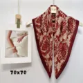 Elegant red and beige vintage print square scarf, 70x70cm classic silk feel neckerchief. - RZW14