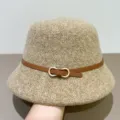 Close-up detail view of a stylish autumn womens wool felt bucket hat with brown belt and buckle - M (56-58cm) / Khaki