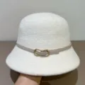 White wool bucket hat for women autumn winter fashion elegant leather belt metal buckle cap - M (56-58cm) / White