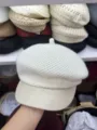 Herbst Winter Damen Strick Beret Bakerboy Mütze Lederkrempe schick lässig warme Kappe neu - Weiß