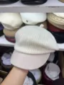 Damen Winter Strick Baretmuetze mit Lederschirm vintage stilvolle warme Maler Kappe chic - Weiß