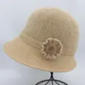 Warm autumn winter knitted bucket hat for women, stylish floral rolled edge mother hat. - One Size / Beige With Dandelion Pom-Pom