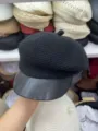 Damen Herbst Winter Newsboy Kappe schwarze Strick Baskenmütze mit Lederkrempe modischer Hut - Schwarz