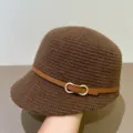 Brown knitted fisherman hat for women, autumn winter vintage warm basin hat with belt. - M (56-58cm) / Coffee