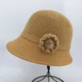 Autumn Winter Warm Knitted Bucket Hat Fashion Floral Roll Brim Fisherman Hat for Women - One Size / Khaki With Dandelion Pom-Pom