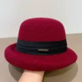 Elegant red wool felt bowler hat with black ribbon and metallic detail for women chic style. - M (56-58cm) / Burgundy