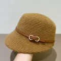 Damen Retro gestrickter Fischerhut mit Ledergürtel und Metallschnalle, warmer Winterhut. - M (56-58cm) / Dunkelbeige