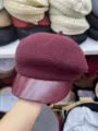 Donna autunno inverno berretto in maglia elegante visiera in pelle cappello gavroche - Rosso