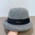 Grey wool felt dome hat detail view, elegant winter cloche hat with black ribbon decoration. - M (56-58cm) / Gray