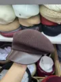 Women's brown knit beret hat with leather brim, vintage retro newsboy painter cap style. - Coffee