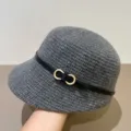 Women winter vintage knitted bucket hat with chic black leather strap and gold metal buckle. - M (56-58cm) / Gray