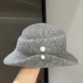 Detail shot of grey wool bucket hat with pearl buttons, stylish autumn winter headwear. - M (56-58cm) / Gray