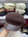 Berretto in maglia da donna con visiera in pelle moda autunno inverno cappello ottagonale - Caffè