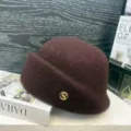 Vintage wool blend cloche hat detail, brown winter painter hat with gold S logo accent. - Coffee