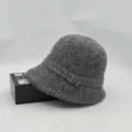 Grey felt bucket hat detail showcasing the elegant rhinestone buckle and soft wool texture. - One Size / Gray With Square Buckle