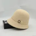 Beige knitted bucket hat for women, stylish sun protection basin hat with rhinestone buckle. - One Size / Beige With Square Buckle