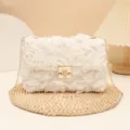 White fabric rose floral evening bag with gold chain strap and metal lock closure detail. - Apricot