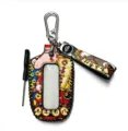 Vue detaillee de l'etui de cle de voiture du zodiaque chinois traditionnel avec mousqueton. - 16cmx6cm / Cheval à Bascule avec Symbole du Dollar