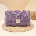 Women purple floral crossbody bag evening clutch bag with metal chain strap and lock clasp - Purple