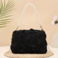 Black rose evening bag with pearl handle and metal chain cross body purse for women - Black