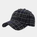 Vintage distressed plaid baseball cap with frayed edges, stylish streetwear hat for daily wear. - Adjustable / Navy Blue