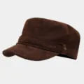 Brown suede flat cap military hat with letter embroidery and retro metal side buckle for autumn winter. - Adjustable / Coffee