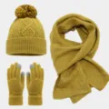 Otoño invierno amarillo mostaza punto conjunto 3 piezas gorro pompón bufanda guantes - Amarillo