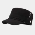 Gorra plana negra con ojecillas metálicas, sombrero militar retro para viajes al aire libre sol. - Ajustable / Negro