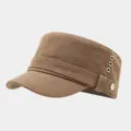Gorra plana marrón retro con ojales de metal y correa lateral, sombrero unisex elegante. - Ajustable / Caqui