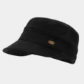 Vista detallada de una gorra militar plana negra con tejido texturizado y logotipo metálico. - Talla única / Negro