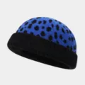Blue black leopard knit docker hat, stylish roll edge beanie cap for street fashion autumn. - One Size / Sapphire Blue