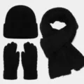 Conjunto de gorro bufanda y guantes de felpa negra invierno cálido ropa de punto accesorios. - Negro