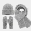 Conjunto de gorro bufanda y guantes de invierno mullidos grises, gorro bufanda manoplas cálidos. - Gris