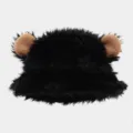 Winter plush bear ear bucket hat, thick warm faux fox fur basin hat, sweet and cool outdoor hat. - One Size / Black