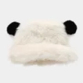 Plush fluffy bucket hat detail view showcasing soft faux fur texture and cute bear ears. - One Size / Beige