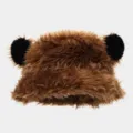 Winter plush bear ear bucket hat, thick faux fox fur warm basin cap for women outdoor travel. - One Size / Dark Brown