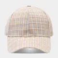 Detailed view of the vintage color-blocking plaid baseball hat, stylish and cozy texture. - Adjustable / Beige