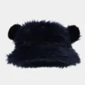Detail view of a winter plush bear ear bucket hat, thick faux fur warm cap for outdoor travel. - One Size / Navy Blue