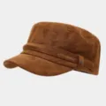 Detailed view of brown suede military cap with side embroidery and metal buckle. - Adjustable / Khaki