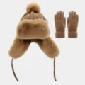 Close up details of winter warm plush trapper hat and touch screen gloves set in brown. - Khaki