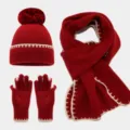 Conjunto de invierno de punto de 3 piezas con costuras en contraste, gorro, bufanda y guantes. - Burdeos