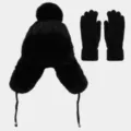 Detailed view of the black winter trapper hat and cozy knit gloves set, showing plush texture. - Black