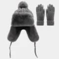Grey winter ushanka hat and touchscreen gloves set, warm thermal outdoor cold weather gear. - Gray