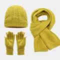 Otoño invierno conjunto de gorro bufanda y guantes de punto trenzado grueso y cálido. - Amarillo