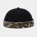 Retro leopard colorblock dockermaker hat detail, casual streetwear style unbrimmed skull cap. - Adjustable / Black