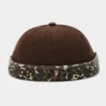 Detail view of brown docker hat with trendy leopard print brim. Stylish street fashion cap. - Adjustable / Coffee