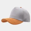 Grey and brown suede panel baseball cap detail view, stylish contrast color design. - Adjustable / Light Gray Body With Caramel Brim