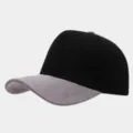 Close-up detail of the black crown and grey suede visor of the stylish color block baseball cap. - Adjustable / Black Brim With Light Gray Brim